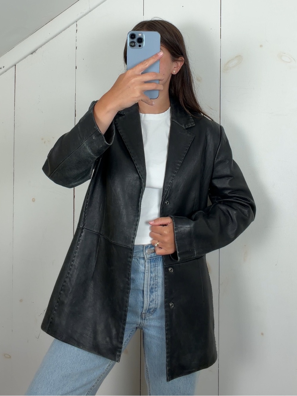 Vintage Black Leather Mid Length Jacket Women’s Medium Snap Closure Faded Patina
